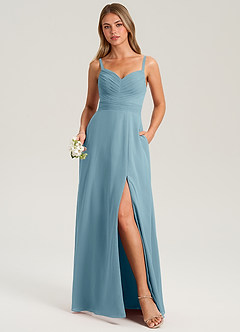 Azazie Terese Brautjungfernkleider A-Linie Plissee Chiffon Kleid Stimmungsvolles Blau image1