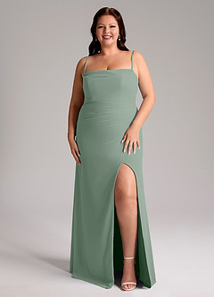 Azazie Leonis Vestidos de damas de honor Vestido de Salvia Plateada de Gasa de Corte Recto Convertible con Sin tirantes image9