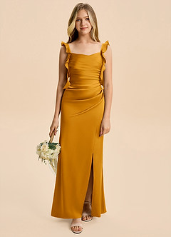 Azazie Jessamine Junior Butterscotch A-Line Ruched Stretch Satin Dress image1