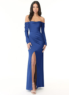 Azazie Hallie Bridesmaid Dresses Royal Blue Sheath Off-The-Shoulder Long Sleeve Stretch Satin Convertible Dress image4