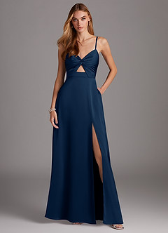 Azazie Jenna Bridesmaid Dresses Dark Navy A-Line Pleated Stretch Satin Dress image2