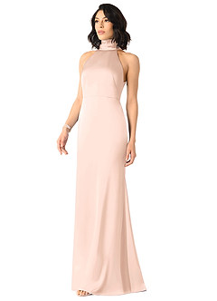 Azazie x Delaney Bridesmaid Dresses Blushing Pink Sheath High Neck Stretch Satin Dress image2