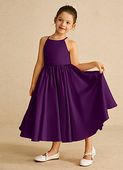 Azazie Sunray Flower Girl Dresses Grape A-Line Spaghetti Strap Matte Satin Dress image3