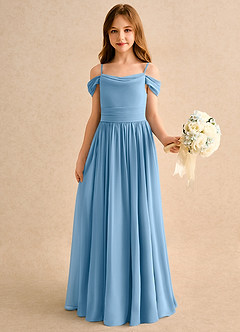 Azazie Shia Girls Formal vestidos de niña de las flores Vestido Azul Acero de Gasa de Corte en A con Hombros descubiertos image4