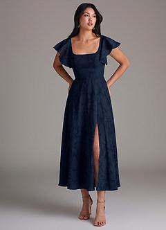 Azazie Bondi Bridesmaid Dresses Dark Navy A-Line Ruched Floral Burnout Dress image1