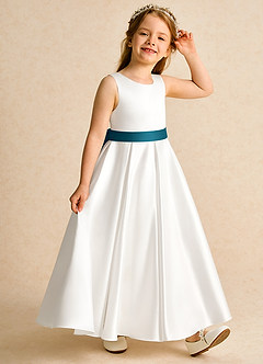 Azazie Cherry Flower Girl Dresses Ivory Ink Blue Ball-Gown Pleated Matte Satin Dress image5