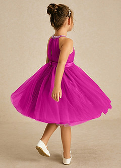 Azazie Honey Flower Girl Dresses Fuchsia A-Line Beaded Matte Satin Dress image4
