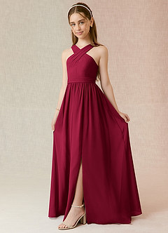 Azazie Jiya Junior Burgundy A-Line Pleated Chiffon Dress image1