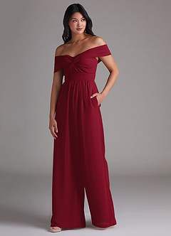 Azazie Lamara Bridesmaid Dresses Burgundy Off the Shoulder Chiffon Convertible Jumpsuit image4