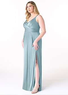 Azazie Aqua Bridesmaid Dresses Moody Blue A-Line V-Neck Pleated Stretch Satin Dress image10