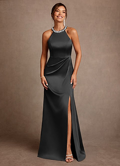 Azazie Lawrence Mother of the Bride Dresses Black A-Line Pleated Stretch Satin Dress image1