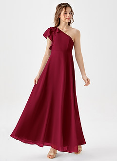Azazie Arabella Junior Burgundy A-Line Ruched Chiffon Dress image4