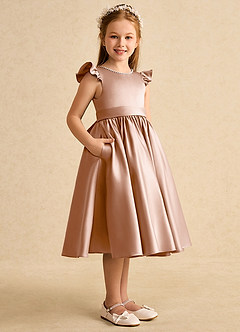 Azazie Dumpling Flower Girl Dresses Champagne Rose A-Line Bow Matte Satin Dress image3