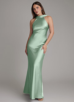 Azazie Dimitra Jurken voor bruidsmeisjes Jurk van Stretch Satijn met A-Lijn Geplooid Agave image1