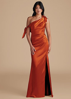 Azazie Xyla Bridesmaid Dresses Paprika Sheath Off the Shoulder Metallic Satin Convertible Dress image1