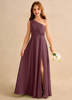 Azazie Puddles Girls Formal Robe Demoiselle D'honneur Fillette Robe Trapèze en Mousseline de soie Une épaule Sangria image1