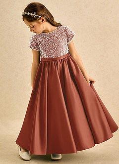 Azazie Cashew Flower Girl Dresses Auburn Ball-Gown with Sleeves Matte Satin Dress image5