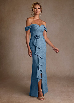 Azazie Irene Moeder van de bruid jurken A-Lijn Jurk van Bloemen Burn-out Off the Shoulder Staal Blauw image1