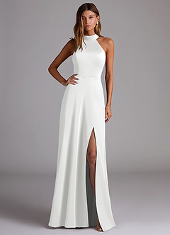 Azazie Myra Brautjungfernkleider A-Linie Hoher Kragen Stretch-Satin Kleid Weiß image1