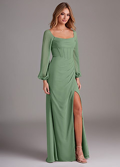 Azazie Charissa Brautjungfernkleider Etui Langarm Chiffon Kleid Matcha image5