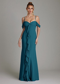 Azazie Karmela Bridesmaid Dresses Ink Blue A-Line Off the Shoulder Chiffon Dress image4