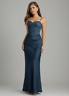 Azazie Allison Robes à essayer chez vous Robe Sirène en Satin extensible Corset Bleu Marine Foncé image3