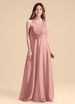 Azazie Charlize Junior Rosette A-Line Pleated Stretch Satin Dress image1