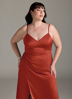 Azazie Marchella Bridesmaid Dresses Rust A-Line Corset Stretch Satin Dress image11