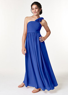 Azazie Flower Junior Abito A-Line in Chiffon Plissettato Blu Reale image5