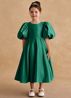 Azazie Sugarplum Flower Girl Dresses Emerald A-Line with Sleeves Matte Satin Dress image3