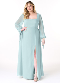 Azazie Leonia Bridesmaid Dresses Mist A-Line Long Sleeve Chiffon Dress image8