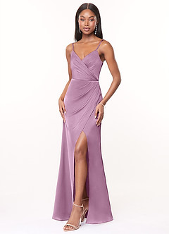 Azazie Maci Vestidos de damas de honor Vestido de Glicinia de Satén Elástico de Corte en A con Cuello en V plisado image3