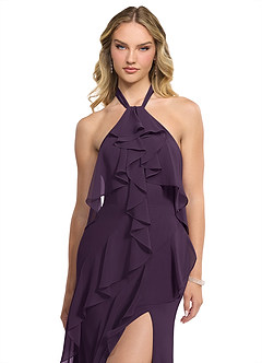 Azazie Velma Bridesmaid Dresses Plum A-Line Side Slit Chiffon Dress image4