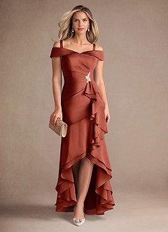 Azazie Billings Mother of the Bride Dresses Terracotta Mermaid Off the Shoulder Stretch Satin Dress image7