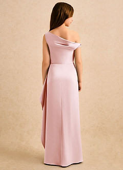 Azazie Avalia Girls Formal Robe Demoiselle D'honneur Fillette Robe Fourreau en Satin extensible Épaule décolletée Rose Pâle image2