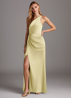 Azazie Mika Final Sale Lemon Sorbet Sheath One Shoulder Stretch Satin Dress image1