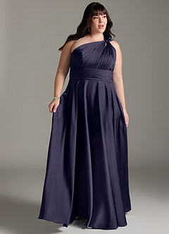Azazie Charlize Robes de demoiselle d'honneur Robe Trapèze en Satin extensible Ue épaule Bleu Orageux image11