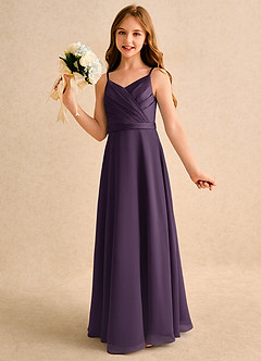 Azazie Umina Girls Formal Flower Girl Dresses Plum A-Line Pleated Matte Satin Dress image3