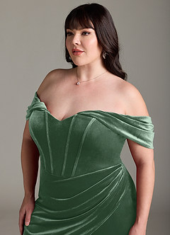 Azazie Jas Jurken voor bruidsmeisjes Converteerbaar Jurk van flueel met Kolom Off-the-shoulder korset Eucalyptus image15