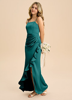 Azazie Buzzy Junior Peacock Sheath Pleated Stretch Satin Dress image6