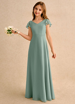 Azazie Nari Girls Formal Flower Girl Dresses Silver Sage A-Line with Sleeves Chiffon Dress image1