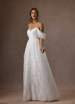 Azazie Britt Vestidos de noiva Vestir Diamante Branco de Renda de Linha A com Decote em coração image4
