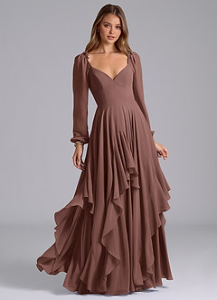 Azazie Karan Bridesmaid Dresses Espresso A-Line Long Sleeve Chiffon Dress image1