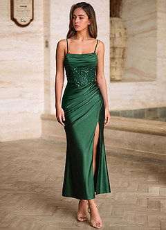 Viviannella Dark Green Sequin Embroidery Stretch Satin Wedding Guest image4