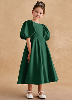 Azazie Sugarplum Flower Girl Dresses Dark Green A-Line with Sleeves Matte Satin Dress image6