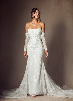 Azazie Caitlin Wedding Dresses Diamond White Mermaid Strapless Lace Dress image4