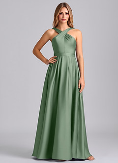 Azazie Dixie Vestidos de damas de honor Vestido de Matcha de Satén Elástico de Corte en A con Plisado image3