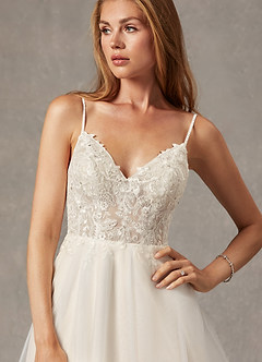 Azazie Tatiana Vestidos de novia Vestido de Blanco Diamante Champán de Tul de Corte en A con Lentejuelas cuello pico image6
