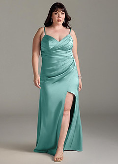 Azazie Yola Bridesmaid Dresses Aqua Sheath V-Neck Pleated Stretch Satin Convertible Dress image9
