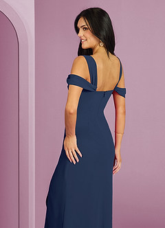 Barbie ♥ Azazie Robes de demoiselle d'honneur Robe Trapèze en Mousseline de soie Épaule décolletée Bleu Marine Foncé image2